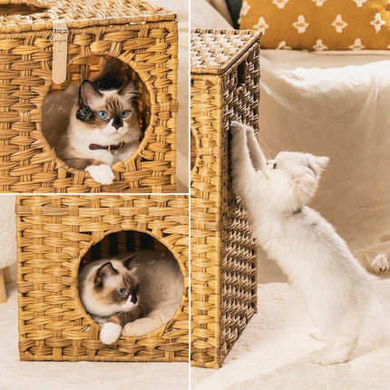 Wicker Cat Bed with Rattan Condos & Cushion - Wnkrs