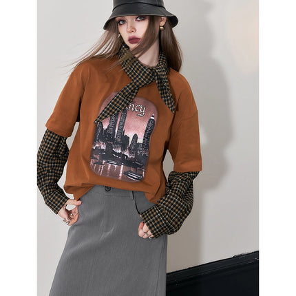 T-shirt épissé à motif d'automne pour femme