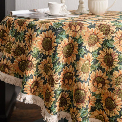 Elegante mantel redondo con estampado de girasoles en jacquard americano