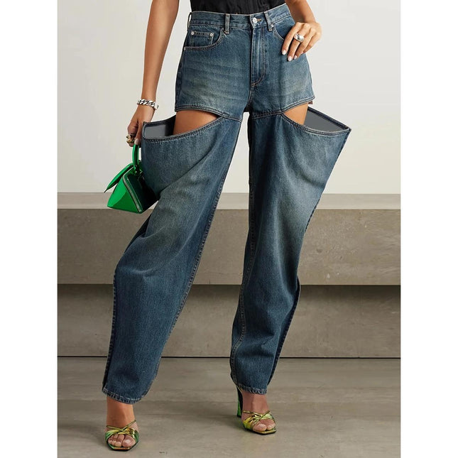 Jean large taille haute en denim patchwork