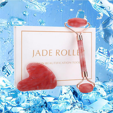 Juego de rodillo de jade de cristal rojo y tabla de raspado Gua Sha