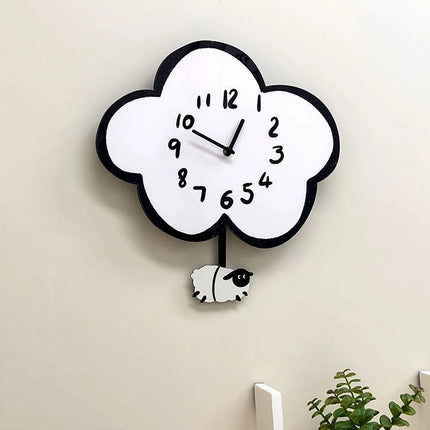 Reloj de pared oscilante con forma de oveja y nube de dibujos animados, silencioso, de 38 cm