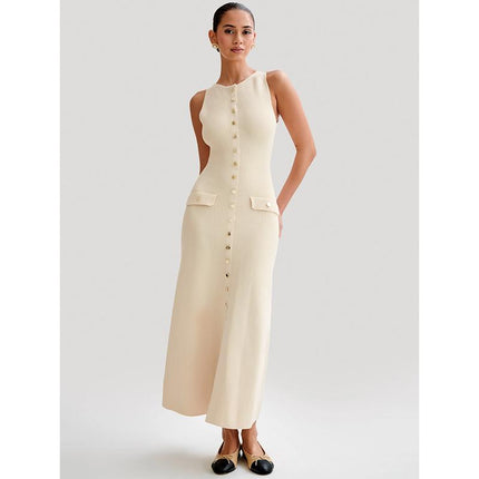 Robe longue boutonnée élégante sans manches pour femme