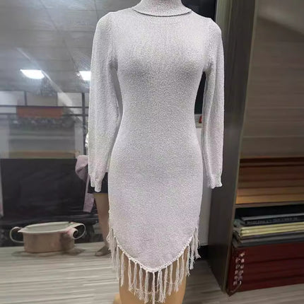 Round Neck Long Sleeve Tassel Dress Women