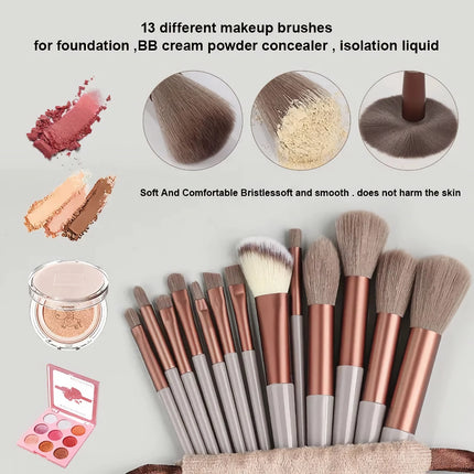 Juego de 13 brochas de maquillaje: herramientas de belleza suaves y esponjosas para base, rubor, polvos, sombras de ojos y difuminado kabuki