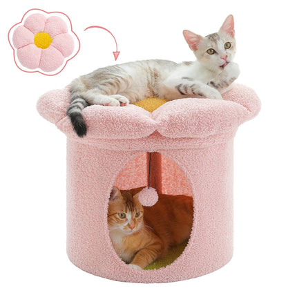 Acogedora casa para gatos con forma de flor y bola de pompón: condominio para gatos de dos pisos