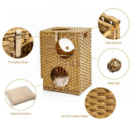 Wicker Cat Bed with Rattan Condos & Cushion - Wnkrs