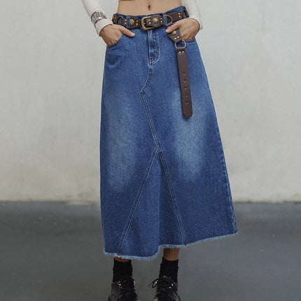 Jupe trapèze asymétrique en denim délavé vintage pour femme