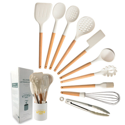 Creamy White Wooden Handle Silicone Kitchenware Set - Wnkrs