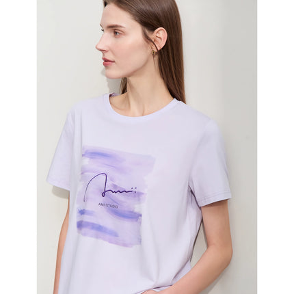 Camiseta informal de mujer con cuello redondo y bordado: letras estampadas con arte