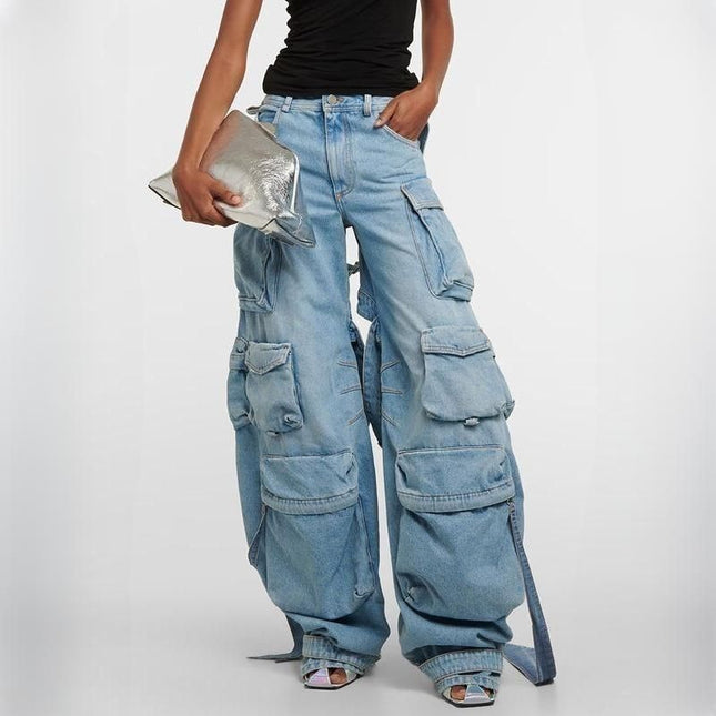 Pantalon cargo en denim taille haute avec empiècements