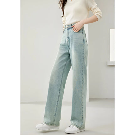 Pantalon en jean taille haute à jambe large pour femme - Pantalon décontracté bleu clair rétro