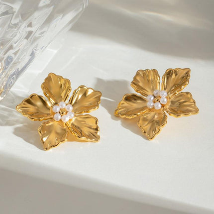 Pendientes llamativos de acero inoxidable con textura de flores vintage bañados en oro de 18 k