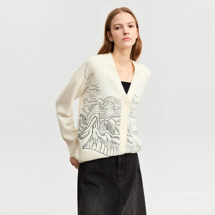 Cardigan en laine d'automne pour femme, col en V, pull ample brodé en tricot