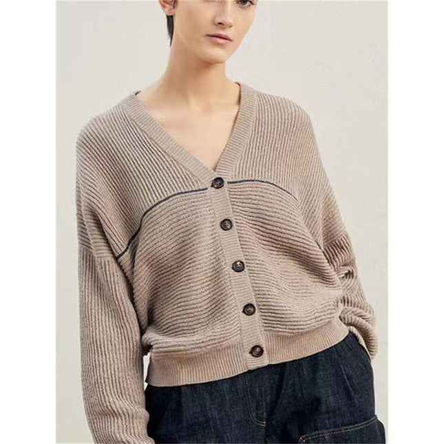 Veste cardigan élégante à col en V et chaîne perlée pour femme