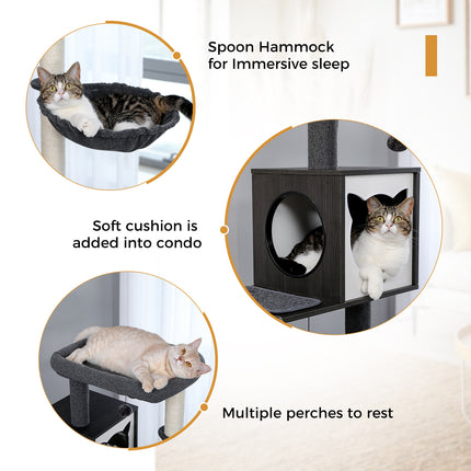 Arbre à chat de luxe à plusieurs niveaux avec armoire et poteaux en sisal