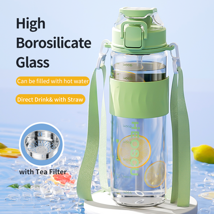 Insulated Glass Water Bottle with Tea Filter & Dual Drinking Modes