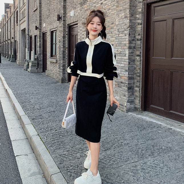 Robe noire à manches longues pour femme, automne