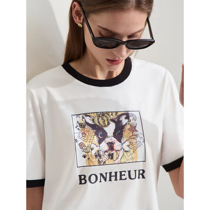 T-shirt patchwork minimaliste en coton imprimé chiot pour femme