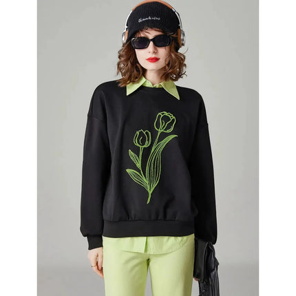 Sudadera con capucha holgada y bordada con flores de moda para mujer