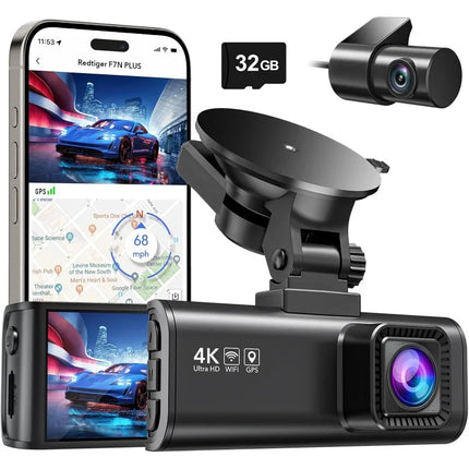 4K Dual Dash Cam Front and Rear with GPS, Wi-Fi, Night Vision, and 32GB Card