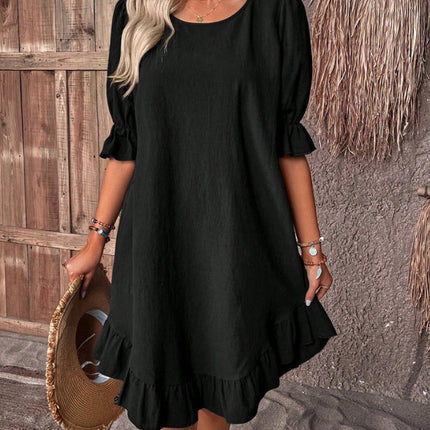 Fashion Ruffle Short-sleeved Dress Summer Solid Color Round Neck Loose Straight Dresses Womens Clothing