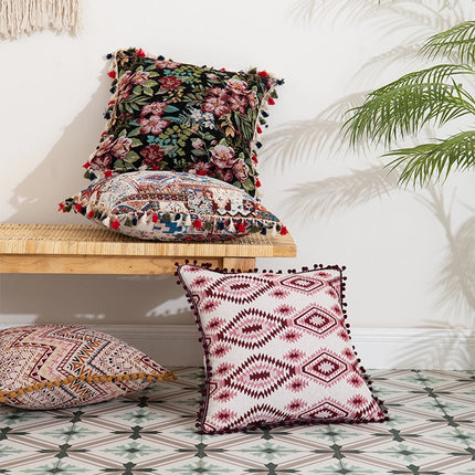 Housses de coussin à pompons style bohème marocain pour canapé et lit