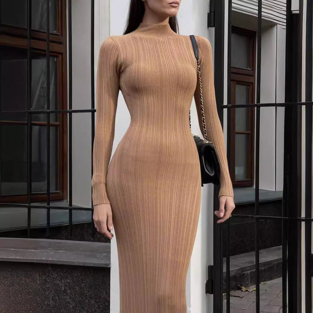 Suéter de cuello alto de punto ajustado estilo europeo, americano y francés elegante vestido de rayas en la parte inferior