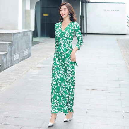 Robe longue portefeuille à lacets à la mode, une pièce, motif floral vintage