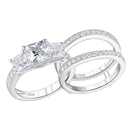 Princess Cut Sterling Silver Engagement Ring Set with CZ Stones - Wnkrs