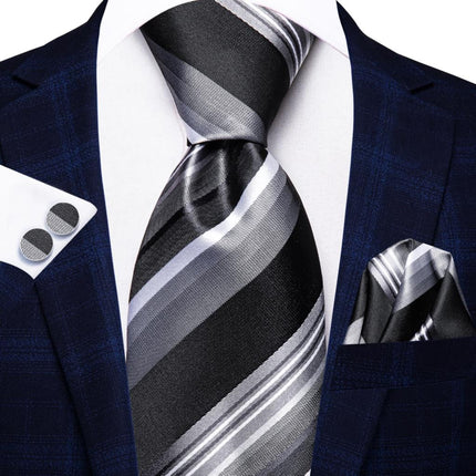 Elegant Black Grey Striped Men's Necktie with Matching Cufflinks and Handkerchie