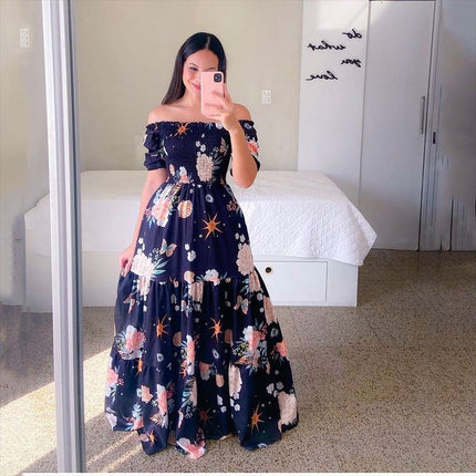 Women's Off-shoulder Floral Fashion Off-shoulder Long Dress