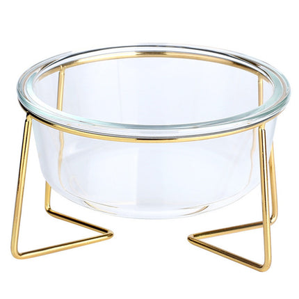 Elegante cuenco de cristal antideslizante para perros y gatos con soporte dorado