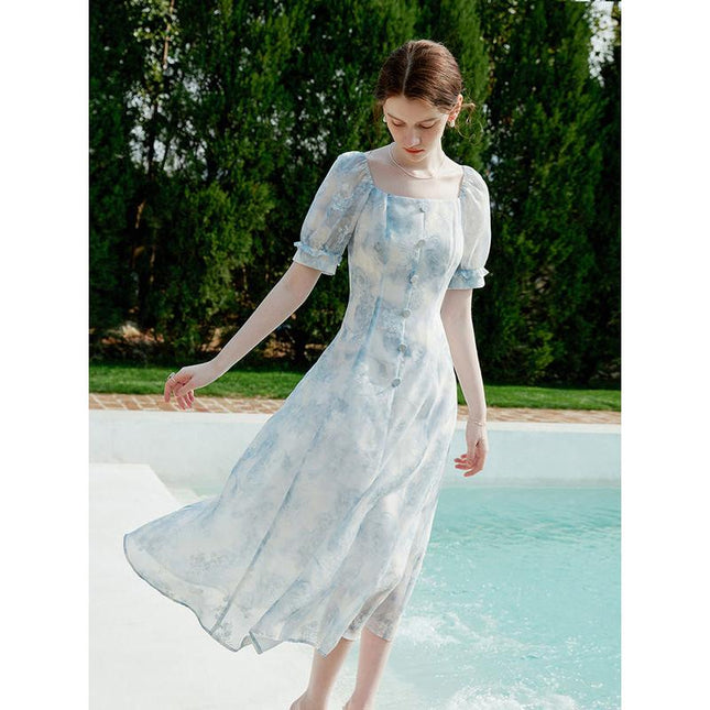 Summer Elegance: Blue Floral Mid-Calf Dress for Women