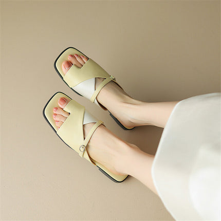 Summer Leather Slippers for Women - Low Heel Square Toe Mixed Color Shoes