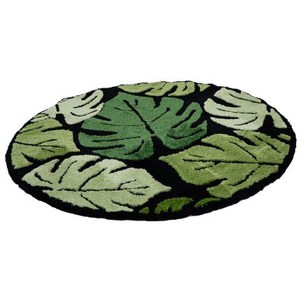 Tapis rond en peluche à motif de feuilles de Monstera vertes