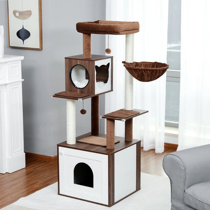 Arbre à chat de luxe à plusieurs niveaux avec armoire et poteaux en sisal