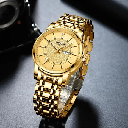 Reloj deportivo de lujo dorado resistente al agua para hombre: reloj de pulsera de cuarzo de negocios