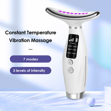 Dispositivo de estiramiento facial y de cuello con luz LED de 7 colores y masaje vibratorio: 7 modos, 3 niveles de intensidad