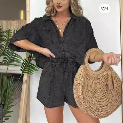 Ensemble 2 pièces en jean ample pour femme, chemise décontractée à manches chauve-souris et short à cordon de serrage avec poches