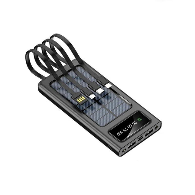200000mAh Solar Power Bank with Built-in Cables, Dual USB Ports, LED Light, and Fast Charging