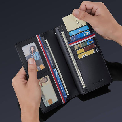 Portefeuille long en cuir pour homme avec porte-cartes et poche pour téléphone