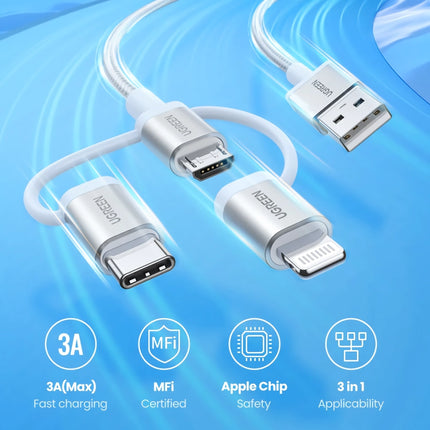 Cable de carga rápida 3 en 1 USB-C a Lightning y Micro USB