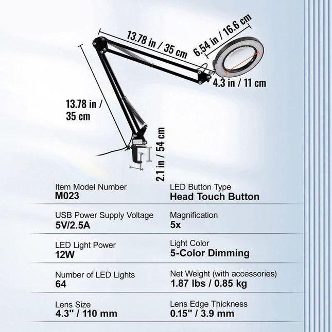 Lámpara de aumento LED 5X con luz ajustable y abrazadera