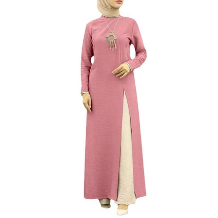 Robe en soie glacée froissée à manches longues et ourlet fendu haut pour femmes musulmanes