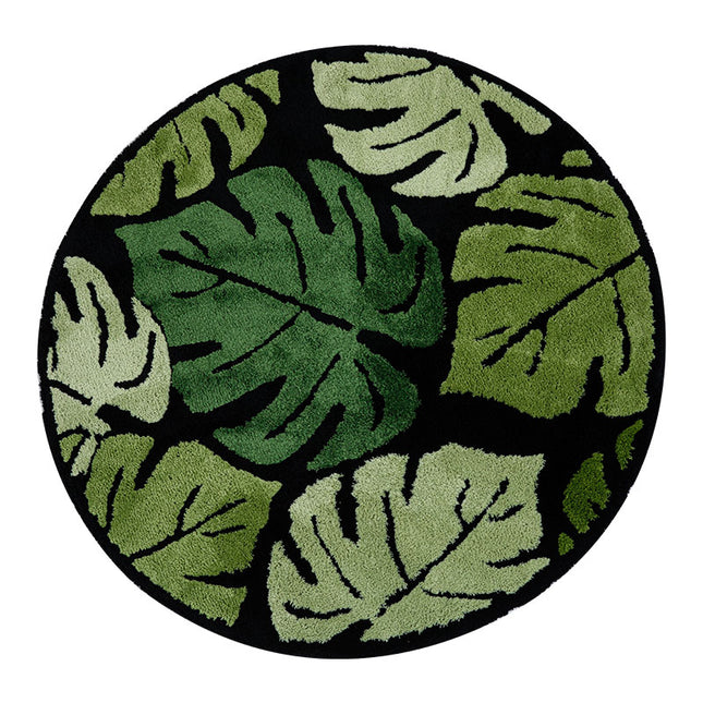 Tapis rond en peluche à motif de feuilles de Monstera vertes