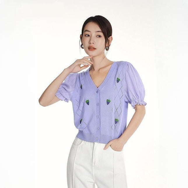 Summer Puff Sleeve V-Neck Knit T-Shirt with Grape Embroidery - Wnkrs