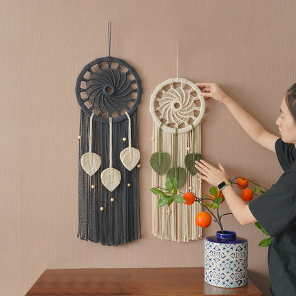 Tapiz de pared circular tejido a mano de estilo nórdico con estampado de hojas