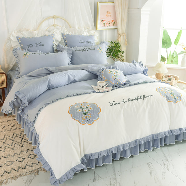 Summer Ruffled Cotton Four-piece Set Girl Heart Embroidery Flower Quilt Cover - Wnkrs