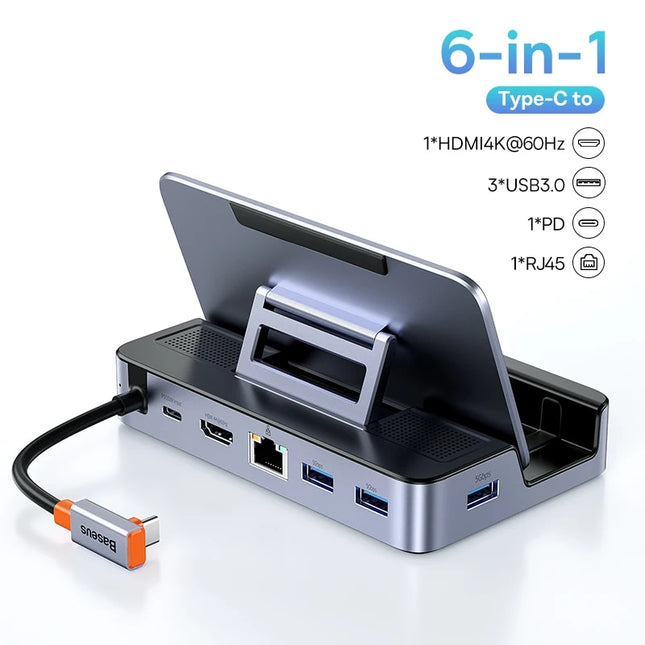 Station d'accueil Type-C à 6 ports : HDMI 4K à 60 Hz, USB 3.0, RJ45, concentrateur PD 100 W